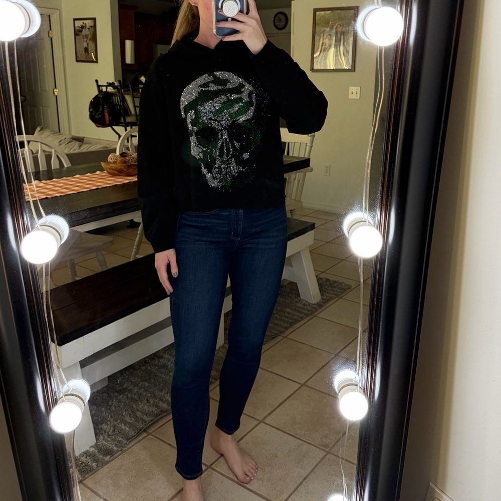 Heads Or Tails Black Sparkly Camouflage Skull Embellished DIY Cropped Hoodie